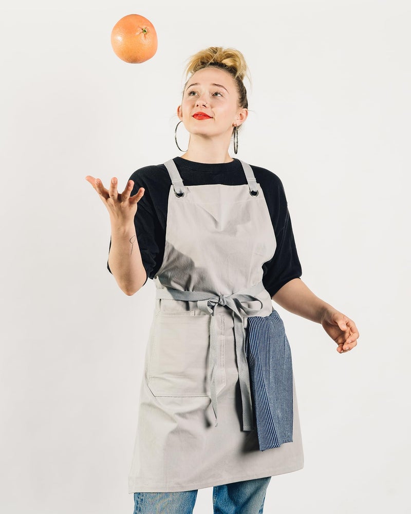 Caldo Crossback Kitchen Apron for Cooking- Mens and Womens Professional Chef or Server Bib Apron - Adjustable Crossback Style - Rustic- Midweight Cotton (Grey) - Image 3