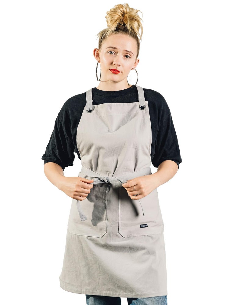 Caldo Crossback Kitchen Apron for Cooking- Mens and Womens Professional Chef or Server Bib Apron - Adjustable Crossback Style - Rustic- Midweight Cotton (Grey) - Image 5