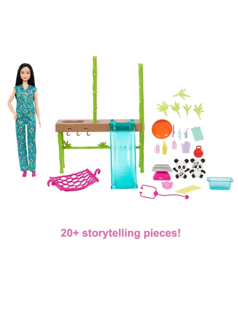 Barbie - Doll and Accessories, Panda Care and Rescue Playset with Vet Doll, 2 Pandas with Color-Change Transformation and 20+ Pieces - Image 1