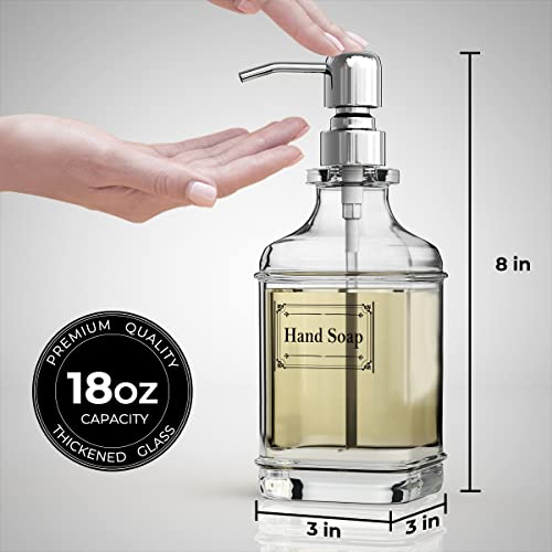 GLADPURE Soap Dispenser - 2 Pack, 18 Oz Antique Design Thick Glass Hand Soap Dispensers; with 304 Rust Proof Stainless Steel Pump, 6Pcs Clear Stickers, for Kitchen, Bathroom - Silver - Image 4