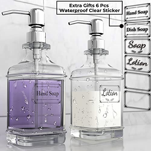 GLADPURE Soap Dispenser - 2 Pack, 18 Oz Antique Design Thick Glass Hand Soap Dispensers; with 304 Rust Proof Stainless Steel Pump, 6Pcs Clear Stickers, for Kitchen, Bathroom - Silver - Image 3