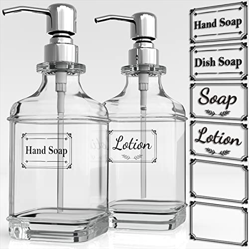 GLADPURE Soap Dispenser - 2 Pack, 18 Oz Antique Design Thick Glass Hand Soap Dispensers; with 304 Rust Proof Stainless Steel Pump, 6Pcs Clear Stickers, for Kitchen, Bathroom - Silver - Image 1