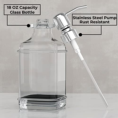GLADPURE Soap Dispenser - 2 Pack, 18 Oz Antique Design Thick Glass Hand Soap Dispensers; with 304 Rust Proof Stainless Steel Pump, 6Pcs Clear Stickers, for Kitchen, Bathroom - Silver - Image 2