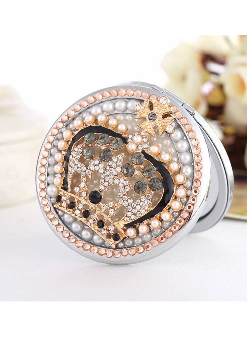 Rhinestone-Embellished Gold-Plated Folding Compact Mirror, Double-Sided Portable Makeup Mirror with Snap Closure, Perfect for Travel, School Bags, Wallets, and Ideal Gift Option. - Image 2