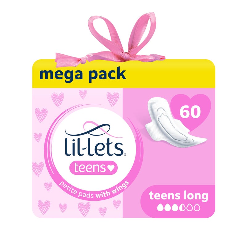 Lil-Lets Teens Long Pads with Wings - 60 Count Period Pads for Teens - Thin, Super Absorbent Sanitary Napkins, Soft & Breathable, Fragrance-Free - First Periods, Medium to Heavy Days - Image 1