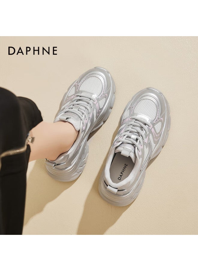 Daphne Dad Shoes Spring/summer Mesh Breathable Thick-soled Height-increasing Casual Sports Shoes Women's Trendy All-match Shoes Silver 39 - Image 3