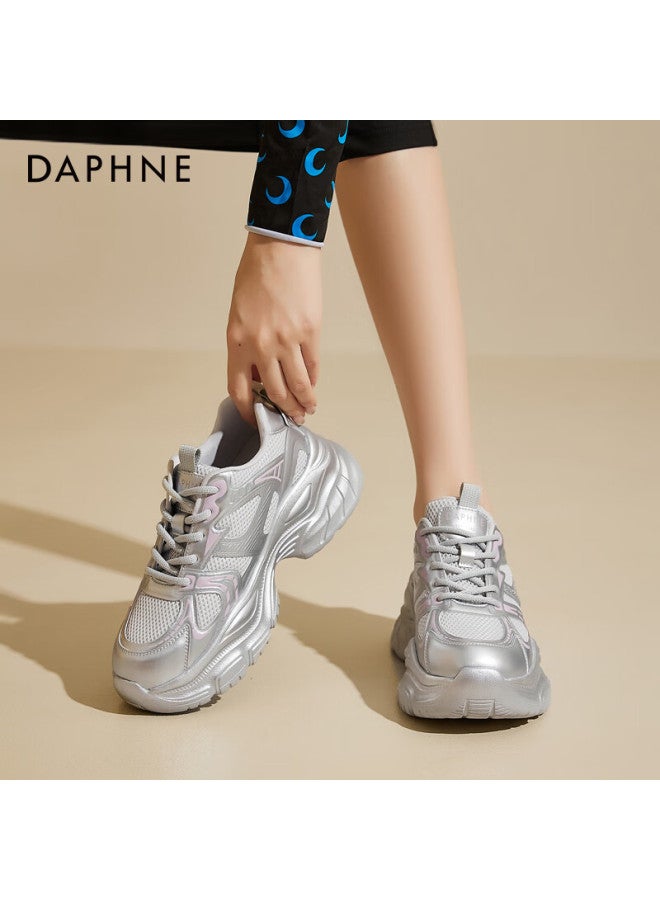 Daphne Dad Shoes Spring/summer Mesh Breathable Thick-soled Height-increasing Casual Sports Shoes Women's Trendy All-match Shoes Silver 39 - Image 1