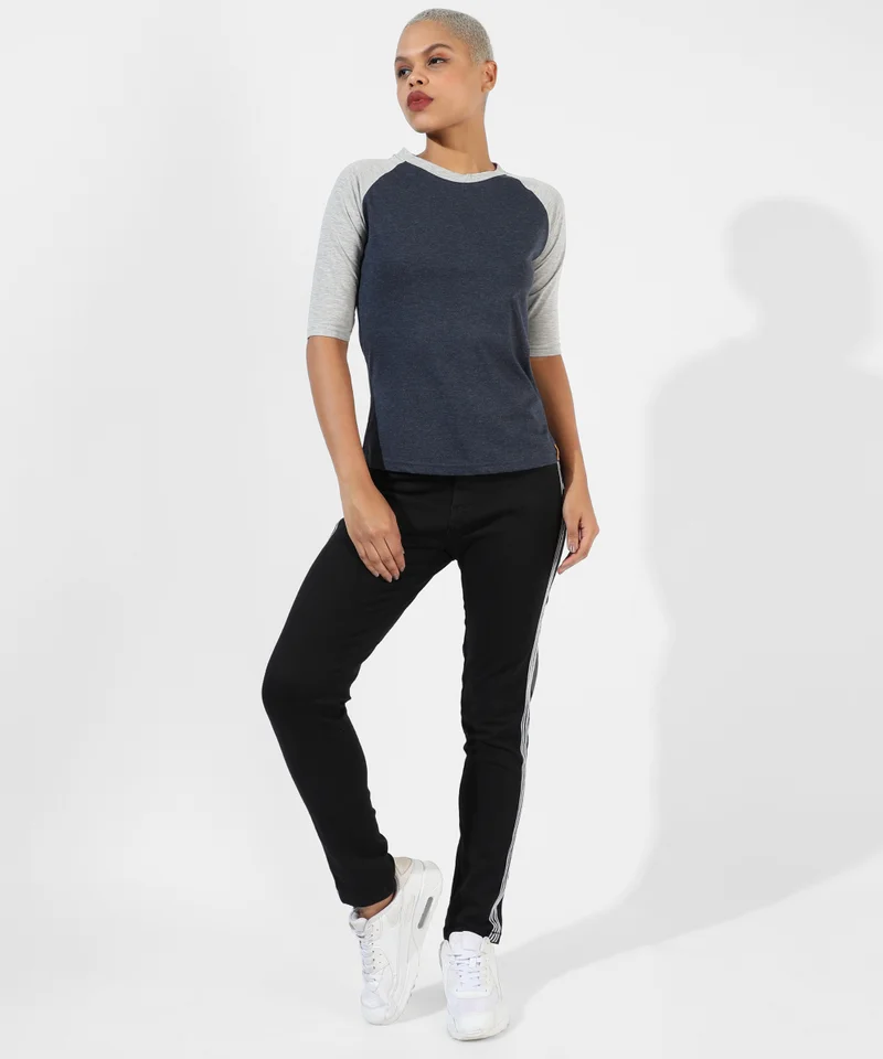 Campus Sutra Women's Navy Blue Colourblocked Regular Fit Top