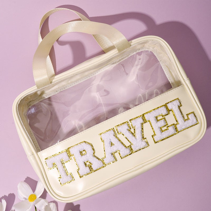 New Stitching Pu Transparent Portable Cosmetic Bag Large Capacity Wash Bag Portable Cosmetic Bag Travel Storage Bag - Image 3