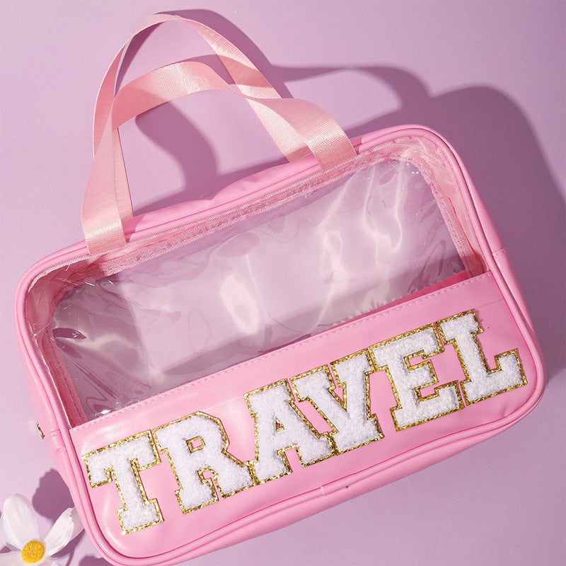 New Stitching Pu Transparent Portable Cosmetic Bag Large Capacity Wash Bag Portable Cosmetic Bag Travel Storage Bag - Image 1