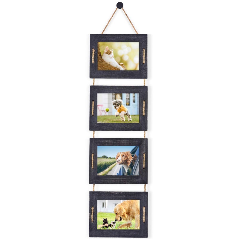 DLQuarts 5x7 Hanging Picture Frames Collage Wall Decor 4Opening 35x5 With Mat or 5x7 Without Mat Rustic Solid Wood Multi Picture Frames for Family 1 Pack Weathered Black