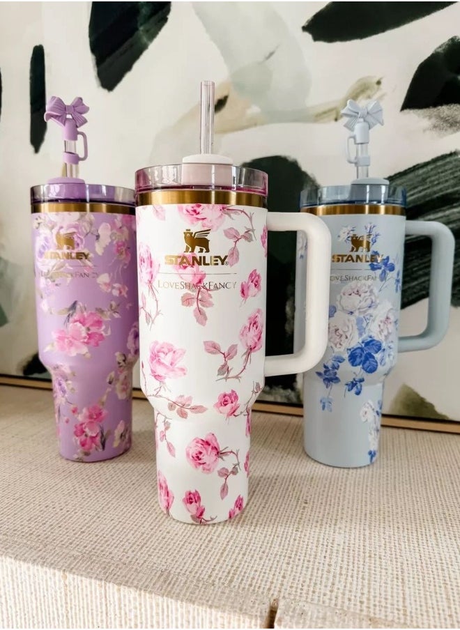 Stanley - Love Shack Fancy H2.0 Flow State 40oz Purple Rose Tumbler, Stainless Steel Vacuum Insulated Quencher with Lid, Straw, and Stopper, Ideal for Water and Iced Tea, Keeps Drinks Cold, Presented in Elegant Gift-Ready Packaging - Image 1