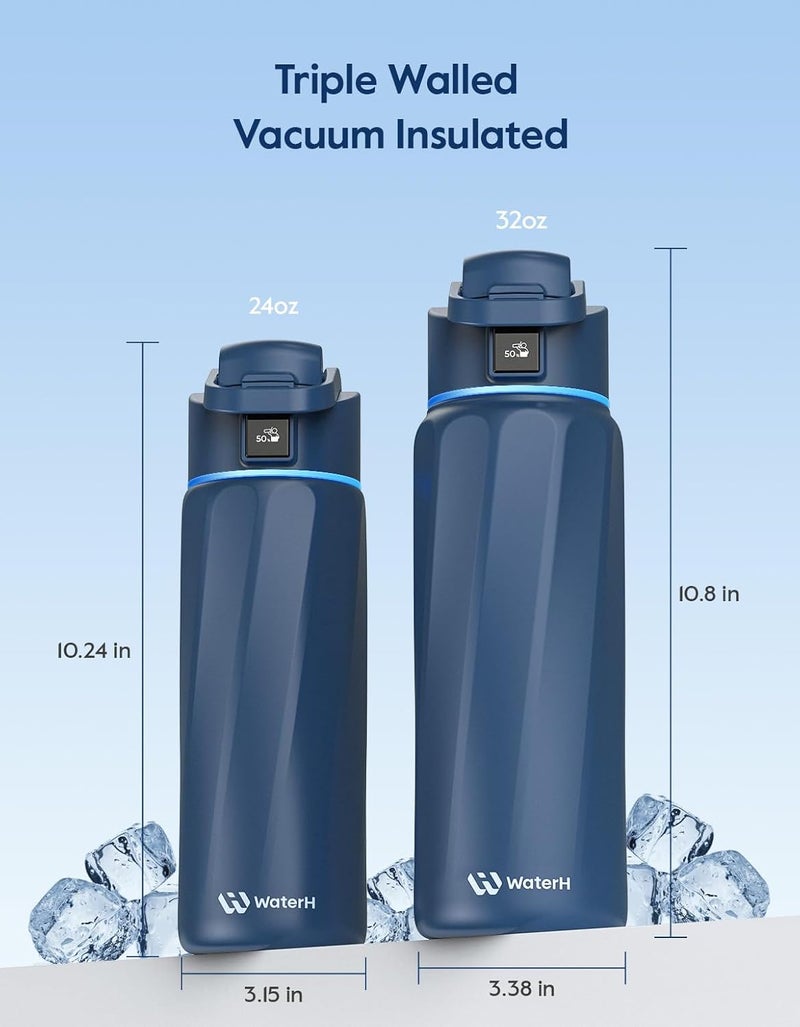 ووتر اتش زجاجة WATERH BOOST الذكية مع تذكير الشرب والمتابعة - زجاجة مزدوجة الجدار معزولة بالفراغ، من الفولاذ المقاوم للصدأ، فوهة واسعة بسعة 32 أونصة، هدية مثالية - أزرق - Image 5