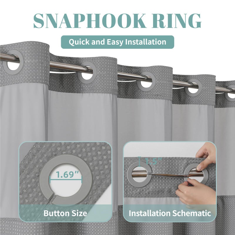 eachope Grey No Hook Waffle Weave Shower Curtain with snap-in Liner Replacement, 230GSM Waterproof Fabric Hotel Shower Curtain Set for Bathroom, Through Mesh Top Window,71Wx74H - Image 4
