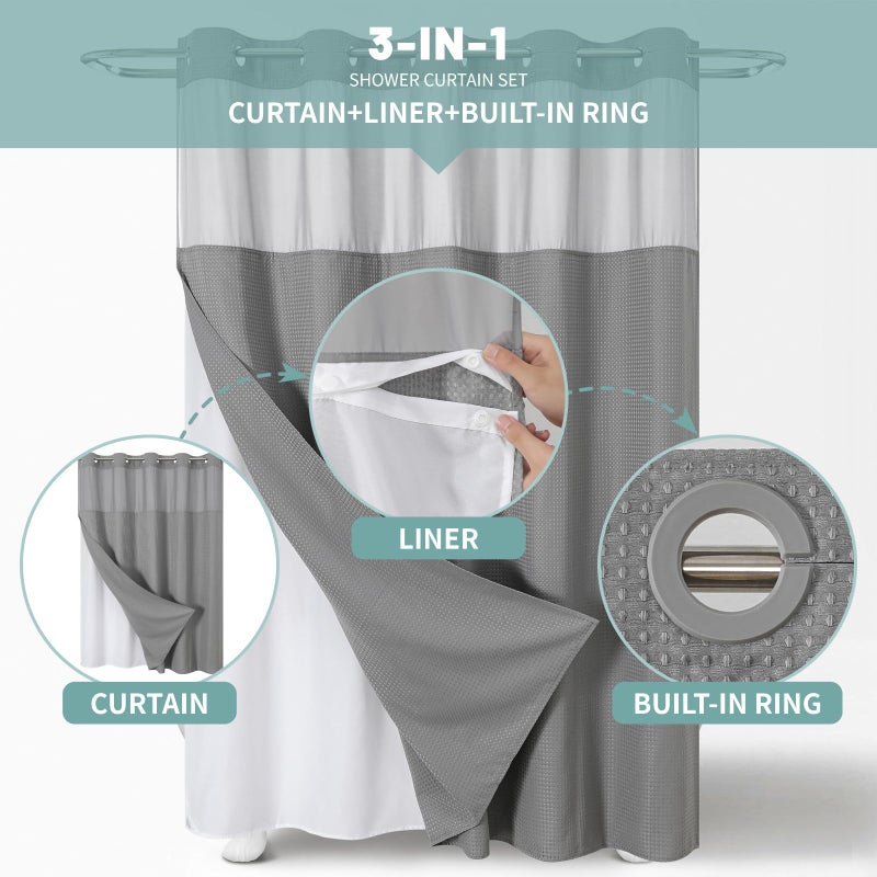 eachope Grey No Hook Waffle Weave Shower Curtain with snap-in Liner Replacement, 230GSM Waterproof Fabric Hotel Shower Curtain Set for Bathroom, Through Mesh Top Window,71Wx74H - Image 2