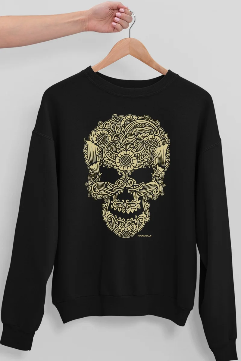 Rock&Roll Tattoo Skull Black Oversize Crew Neck Thick Women's Sweatshirt