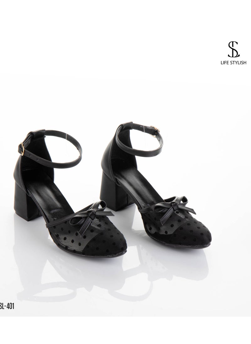 LIFESTYLISH SN-401 Dotted Leather Heel Shoes - Black  - Image 4