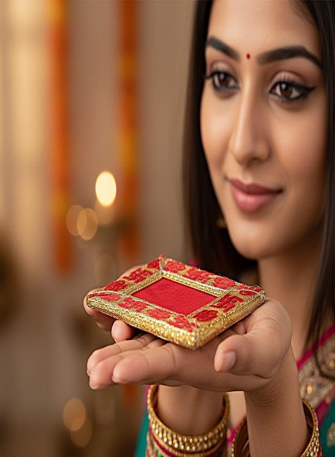 BERRYCRAVE MINIATURE Very SMALL Red Velvet Cloth Premium Designer Pooja Chowki Aasan 6 PCS. for God Idols Puja Asan Mat (SATIYA-KALASH DESIGN) 3.5X3 INCHES - (COLOURFUL-MINIATURE-6) - Image 2
