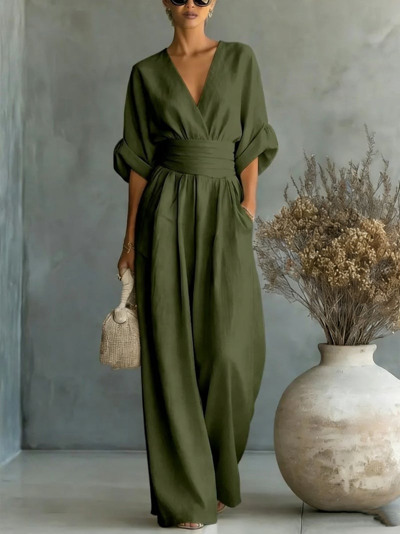 2026 European and American Cross-Border Spring/Summer New Elegant High-Waisted V-Neck Jumpsuit