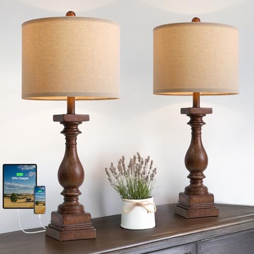 BOBOMOMO 27" Farmhouse Living Room Lamps with USB-A +C Ports, Vintage Rustic Bedside Night Stand Lamps Set of 2, Linen Shade, Retro Side Table Lamps for Living Room, Bedroom (Blubs not Included) - Image 1