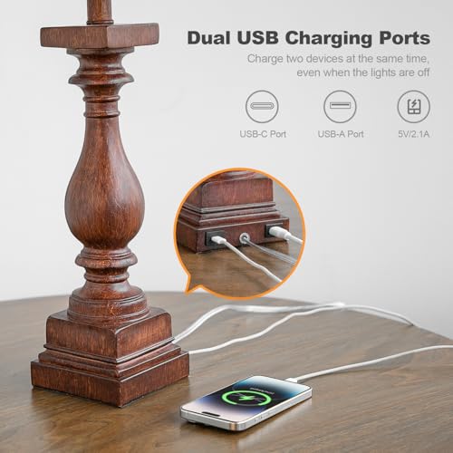 BOBOMOMO 27" Farmhouse Living Room Lamps with USB-A +C Ports, Vintage Rustic Bedside Night Stand Lamps Set of 2, Linen Shade, Retro Side Table Lamps for Living Room, Bedroom (Blubs not Included) - Image 3