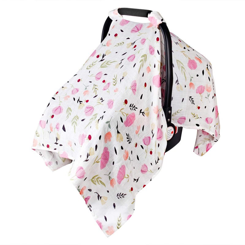 Metplus Muslin Baby Car Seat Canopy, Metplus Infant Carseat Cover - Extra Wide Universal Fit, Lightweight Breathable Soft for Babies Girls Shower Gift (Purple Flower) - Image 1