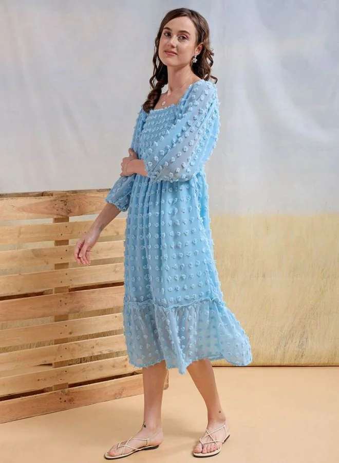 Freehand  Women Fit and Flared Textured Square Neck Long Sleeve Maxi Dress for Women | Best Price UAE