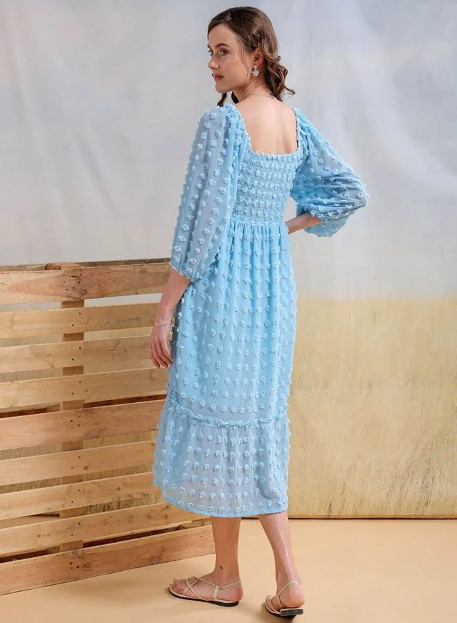 Freehand  Women Fit and Flared Textured Square Neck Long Sleeve Maxi Dress for Women | Best Price UAE