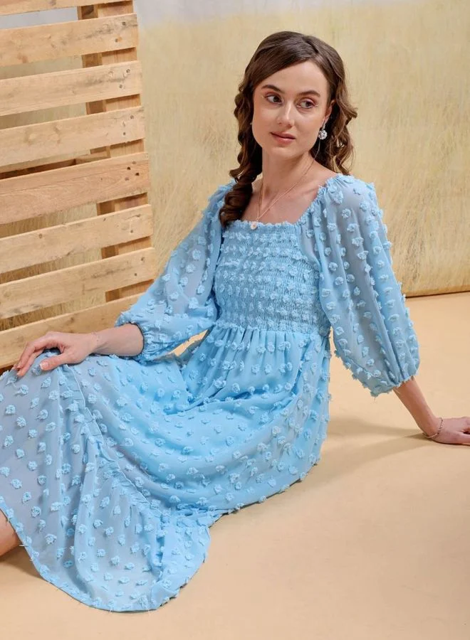 Freehand  Women Fit and Flared Textured Square Neck Long Sleeve Maxi Dress for Women | Best Price UAE