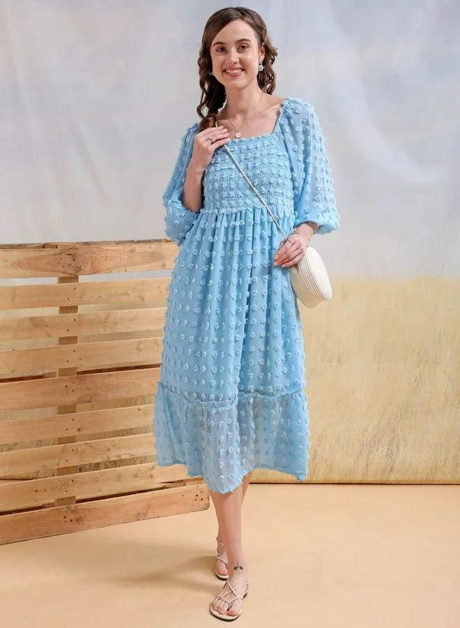 Freehand  Women Fit and Flared Textured Square Neck Long Sleeve Maxi Dress for Women | Best Price UAE