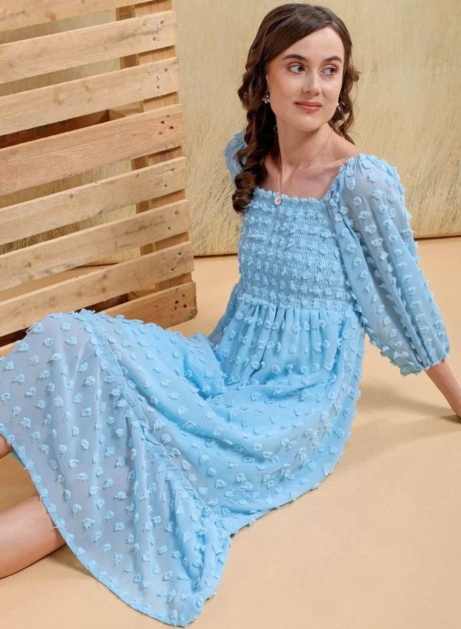 Women Fit and Flared Textured Square Neck Long Sleeve Maxi Dress