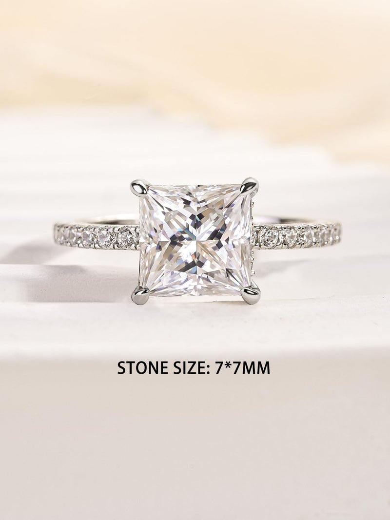 RODIFFY 2 Carat Princess Cut Moissanite Engagement Ring for Women, Lab-Created D Color VVS1 S925 Silver Solitaire Ring, Classic Bridal Jewelry Gift (Silver, 6) - Image 2