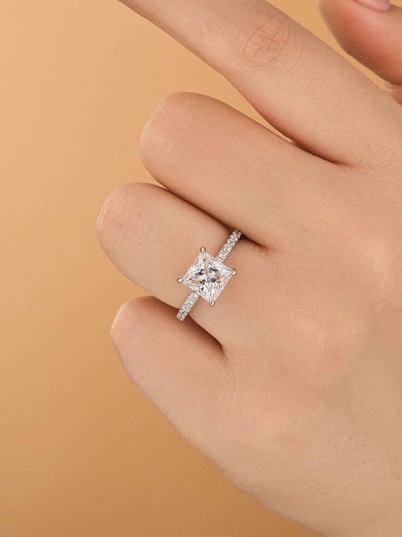 RODIFFY 2 Carat Princess Cut Moissanite Engagement Ring for Women, Lab-Created D Color VVS1 S925 Silver Solitaire Ring, Classic Bridal Jewelry Gift (Silver, 6) - Image 3