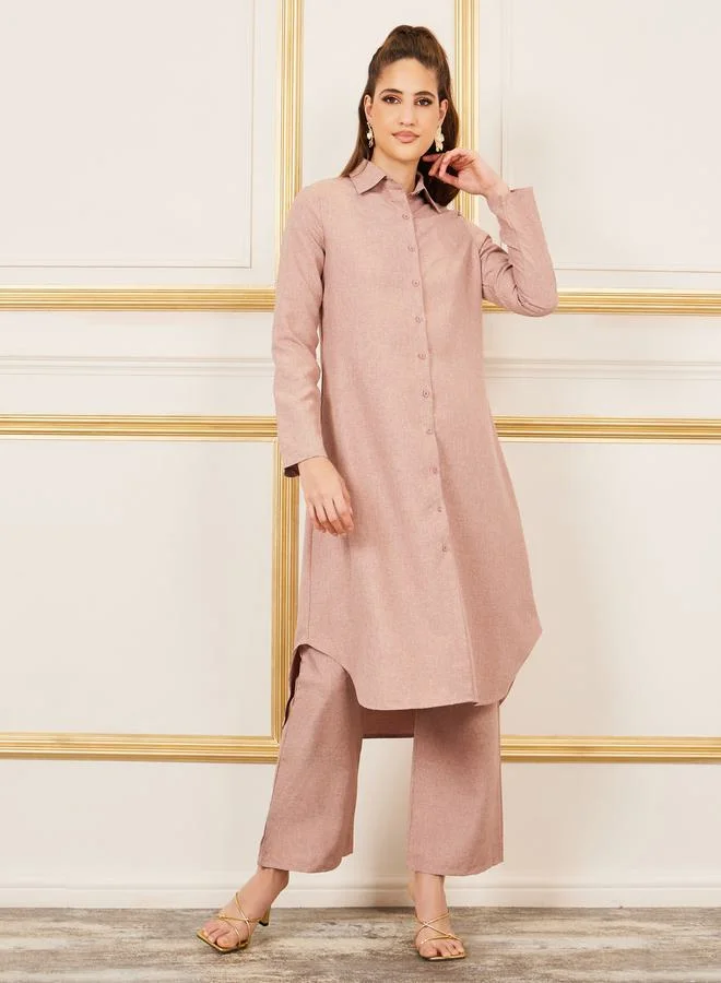 Styli Curved Hem Longline Shirt and Wide Leg Pant Set