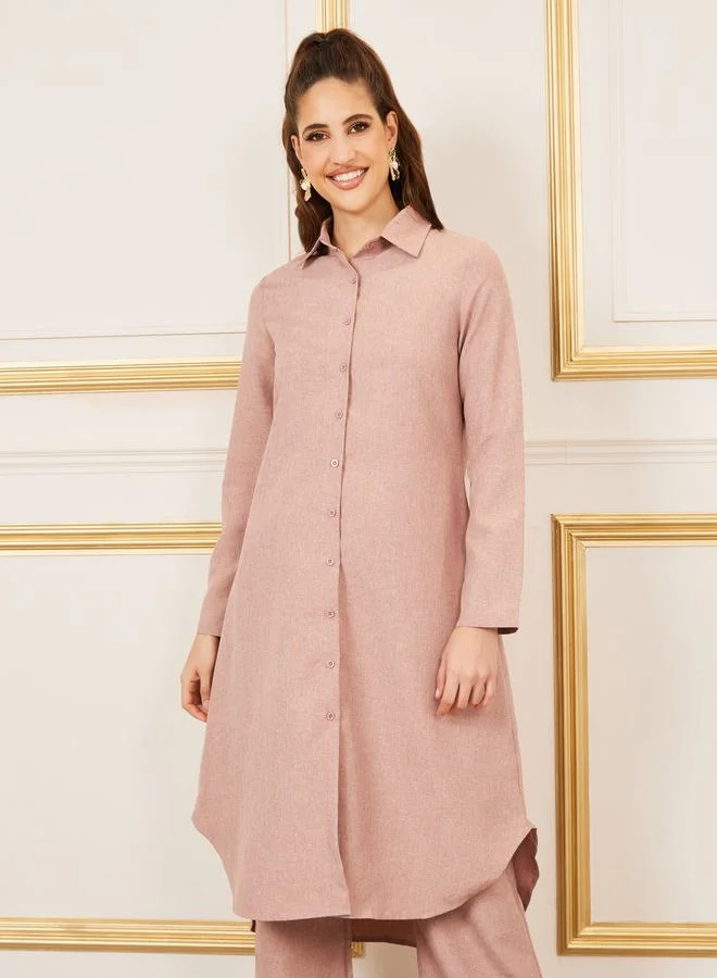 Styli Curved Hem Longline Shirt and Wide Leg Pant Set