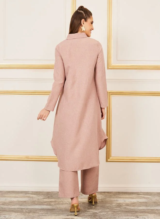 Styli Curved Hem Longline Shirt and Wide Leg Pant Set