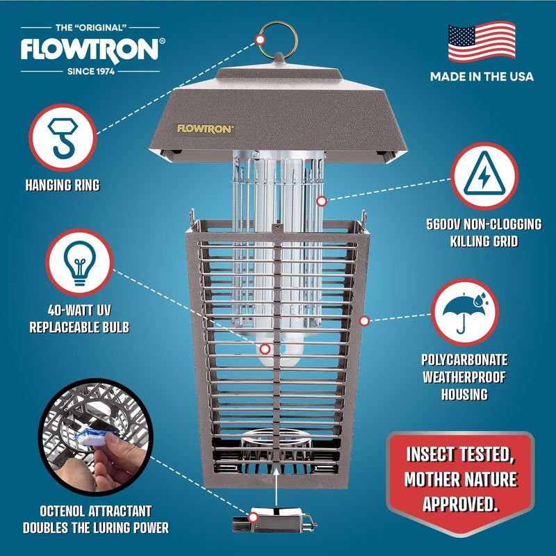 Flowtron Bug Zapper, 1 Acre of Outdoor Coverage with Powerful 40W Bulb & 5600V Instant Killing Grid, Electric Insect, Fly & Mosquito Zapper, Made in The USA - Grey Color - Image 2
