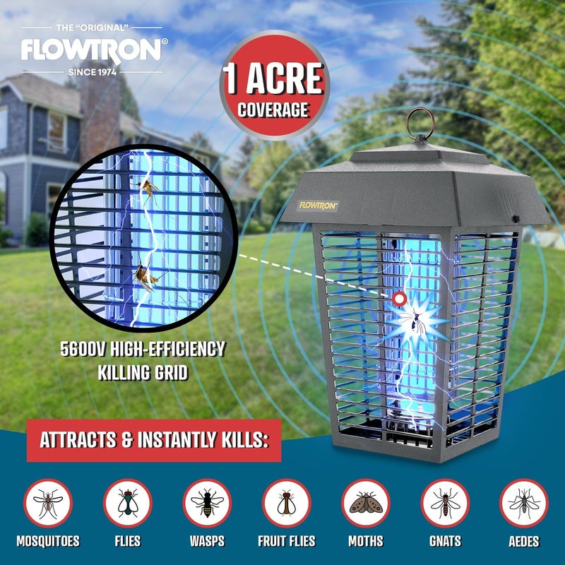 Flowtron Bug Zapper, 1 Acre of Outdoor Coverage with Powerful 40W Bulb & 5600V Instant Killing Grid, Electric Insect, Fly & Mosquito Zapper, Made in The USA - Grey Color - Image 4