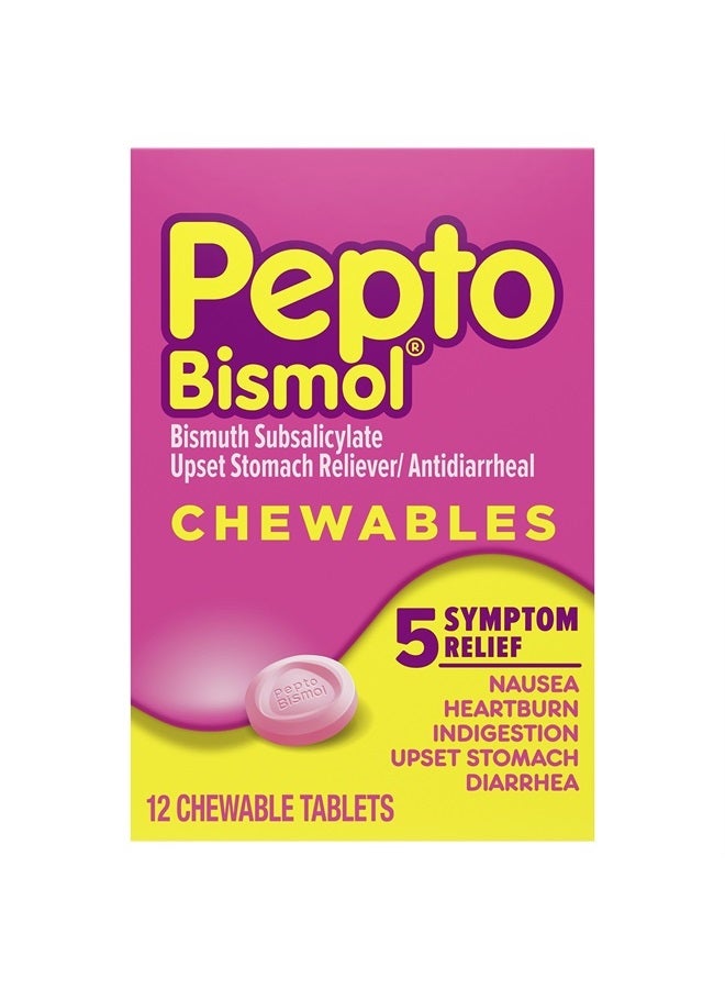Pepto Bismol Chewable Tablets for Nausea, Heartburn, Indigestion, Upset Stomach, and Diarrhea - 5 Symptom Fast Relief, Original Flavor 12 ct - Image 1