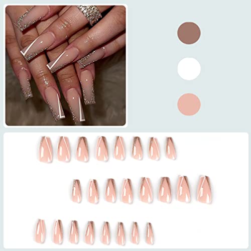 KRTBKR 24Pcs Medium Long French Tip Press on Nails White Line Glitter Nude pink Fake Nails Design Square Coffin False Nails Full Cover Artificial for Women Girls Acrylic Nail Decorations Accessories - Image 2