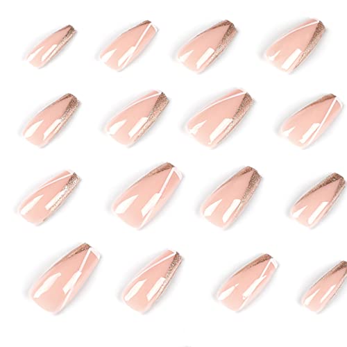 KRTBKR 24Pcs Medium Long French Tip Press on Nails White Line Glitter Nude pink Fake Nails Design Square Coffin False Nails Full Cover Artificial for Women Girls Acrylic Nail Decorations Accessories - Image 4