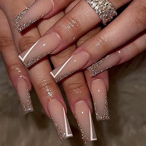 KRTBKR 24Pcs Medium Long French Tip Press on Nails White Line Glitter Nude pink Fake Nails Design Square Coffin False Nails Full Cover Artificial for Women Girls Acrylic Nail Decorations Accessories - Image 1