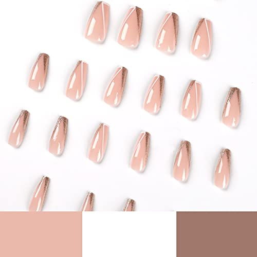 KRTBKR 24Pcs Medium Long French Tip Press on Nails White Line Glitter Nude pink Fake Nails Design Square Coffin False Nails Full Cover Artificial for Women Girls Acrylic Nail Decorations Accessories - Image 3