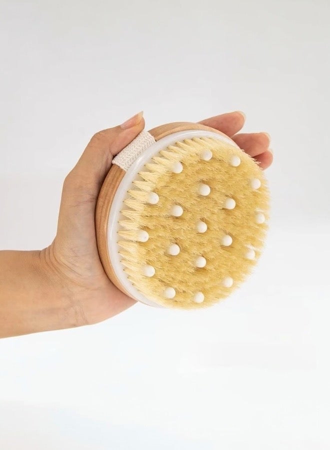 Glowudz Glowudz Exfoliating wooden round bath body brush soft sturdy bristles stimulating circulation with canvas strap  - Image 1