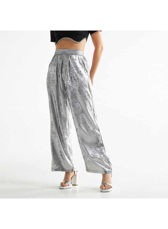 Splash FAV Textured Wide Leg Pants with Semi-Elasticated Waistband and Pockets  - Image 1
