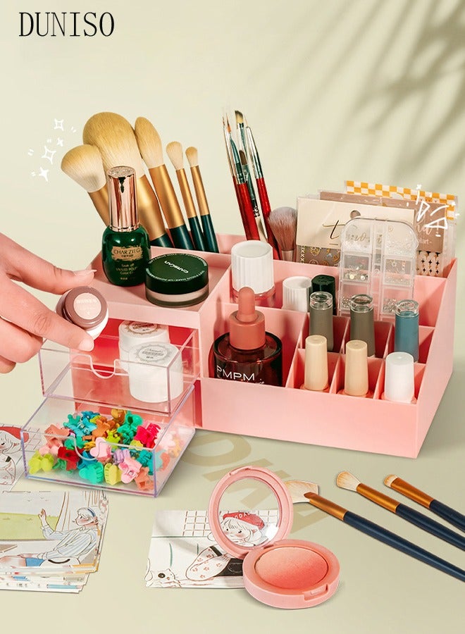 DUNISO Desk Organizer and Accessories with 2 Drawers and 8 Compartments, Plastic Makeup Organizer, Mini Pen Holder for Desktop Storage, Desk Organization for School, Home, Office Supplies - Image 2