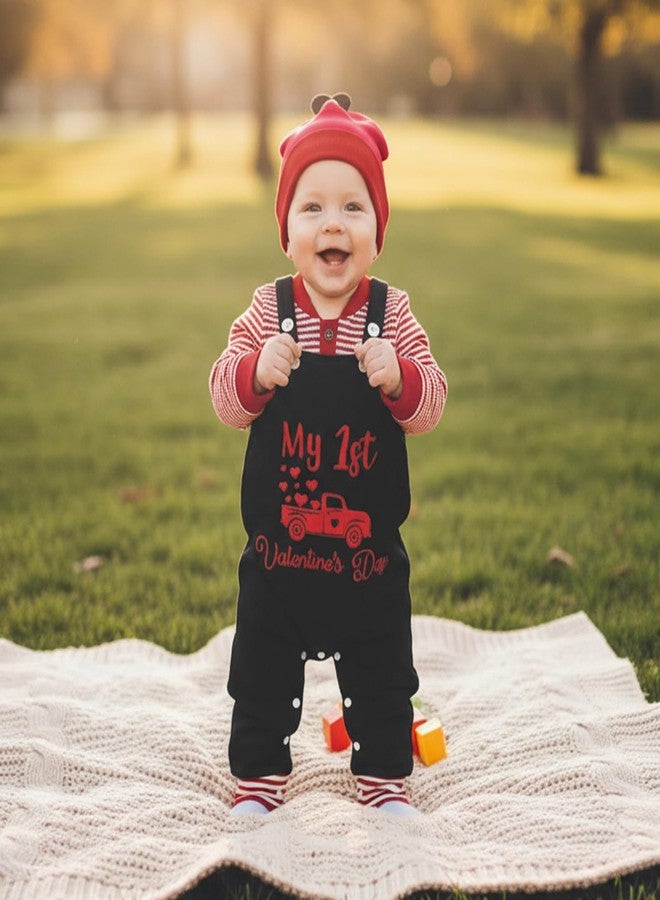 Mobbdow My First Valentines Day Baby Boy Outfit Newborn Long Sleeve Striped Waffle Romper Overalls Pants Hat 3Pcs Clothes Set (A-Red Black, 9-12 Months) - Image 2