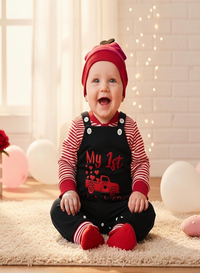 Mobbdow My First Valentines Day Baby Boy Outfit Newborn Long Sleeve Striped Waffle Romper Overalls Pants Hat 3Pcs Clothes Set (A-Red Black, 9-12 Months) - Image 4