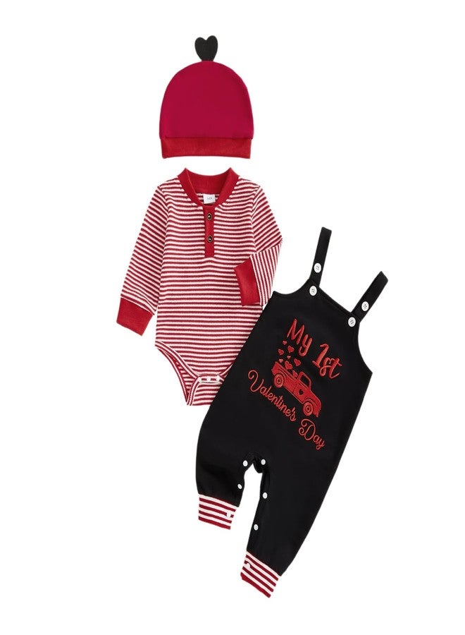Mobbdow My First Valentines Day Baby Boy Outfit Newborn Long Sleeve Striped Waffle Romper Overalls Pants Hat 3Pcs Clothes Set (A-Red Black, 9-12 Months) - Image 1