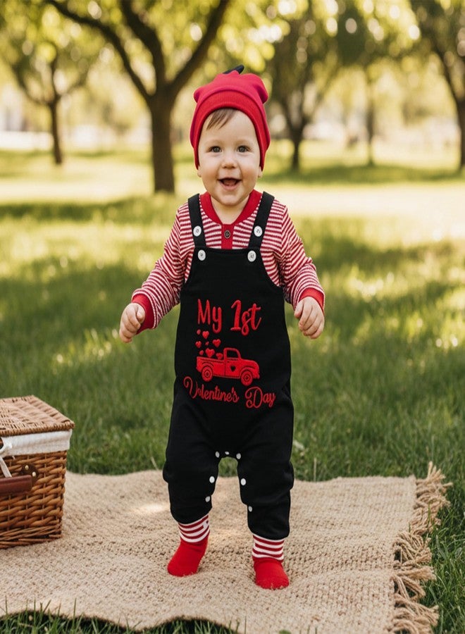 Mobbdow My First Valentines Day Baby Boy Outfit Newborn Long Sleeve Striped Waffle Romper Overalls Pants Hat 3Pcs Clothes Set (A-Red Black, 9-12 Months) - Image 3